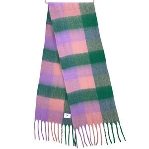yllw Green Pink Purple Plaid Oversized Blanket Scarf Fringed Brushed Texture